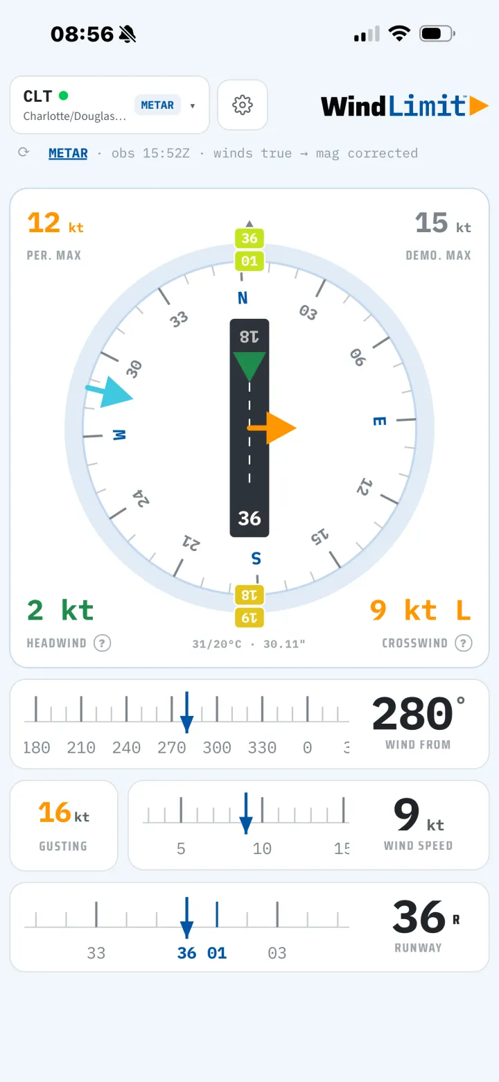 WindLimit main screen showing crosswind, headwind and gust against personal and demonstrated limits