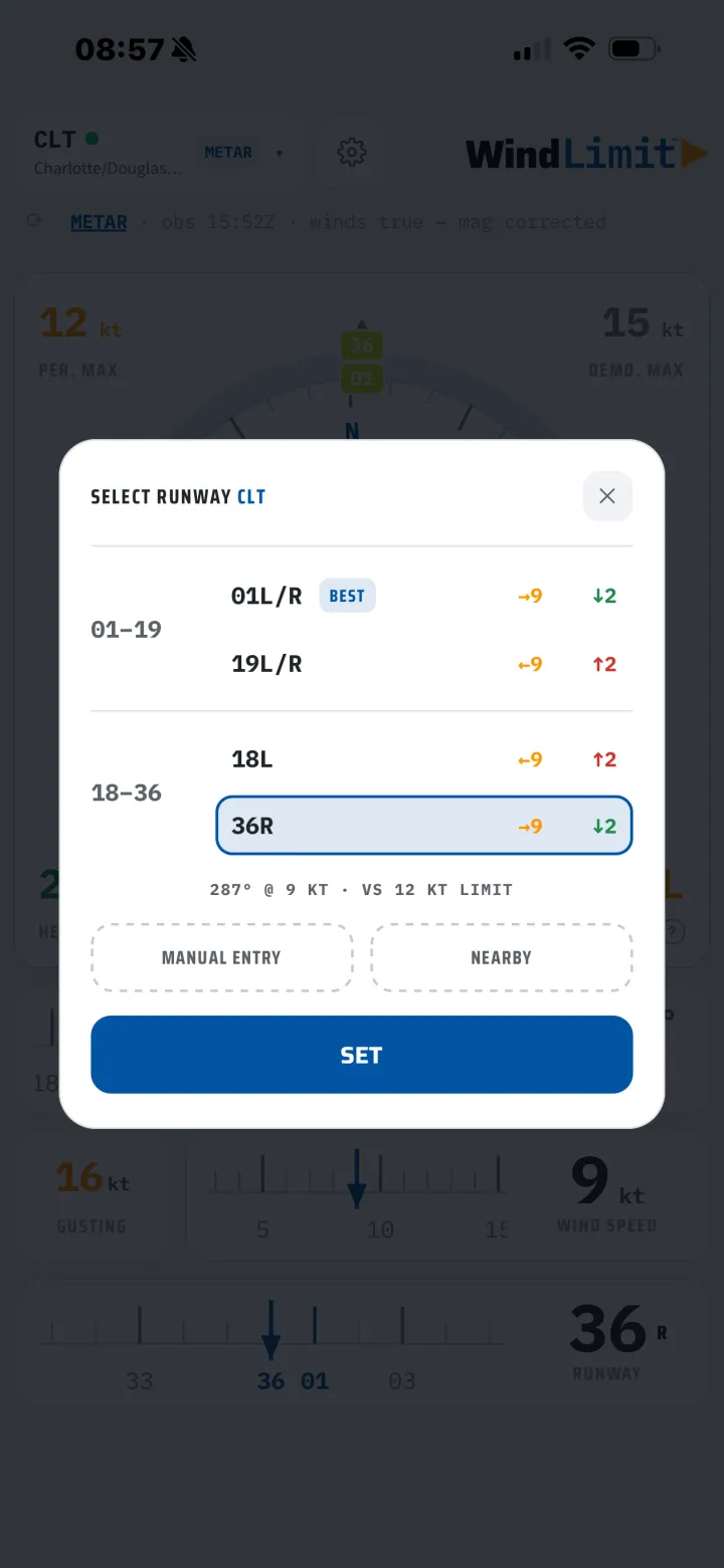 Runway picker listing every end with its components and the best end badged