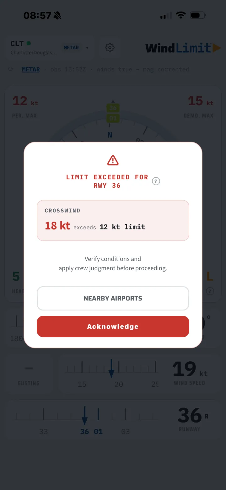 Limit exceeded alert showing an 18 kt crosswind against a 12 kt limit