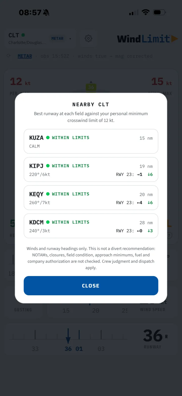 Nearby airports list with a within-limits read and best runway for each field