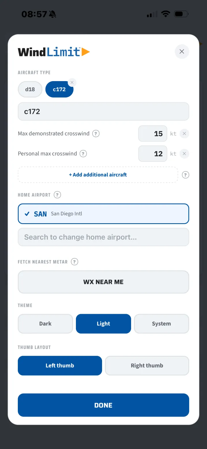 Settings: aircraft profiles, demonstrated and personal crosswind, home airport, theme